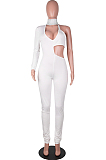 White Euramerican Sequins One Sleeve V Neck Strapless Irregularity Hollow Out Solid Color Bodycon Jumpsuits SZS8153-1