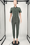 Green Casual Pure Color Short Sleeve Lapel Collar Single-Breasted With Pocket Collcet Waist Overall Jumpsuit YM211