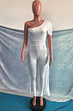White Personality One Shoulder Short Sleeve Long Pants Cape Pure Color Bodycon Jumpsuits OMY80036-1