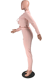 Pink Cotton Blend New Stringy Selvedge Long Sleeve Cardigan Bandage Bodycon Pants Pure Color Two-Piece YMT6229-2