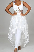 White Women Pure Color High Waist Condole Belt Embroidered  Plus Midi Dress YF9218