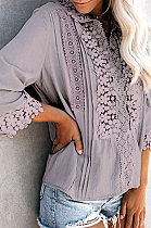 Gray Fashion Lace Stand Collar Half Sleeve Ruffle Cardigan Shirts MDO9004-3