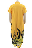 Yellow Women Turn-Down Collar Short Sleeve Irregular Printing Casual T Shirt/Shirt Dress KZ2118-3