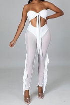White High Waist Solid Color Polyester Mesh Strapless Backless Bodycon Jumpsuits YF9203-2