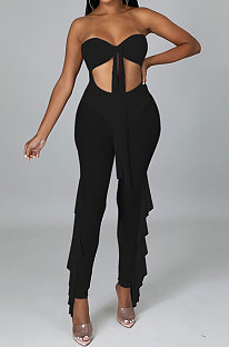 Black High Waist Solid Color Polyester Mesh Strapless Backless Bodycon Jumpsuits YF9203-1