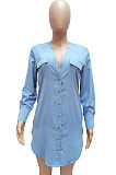 Blue Women Long Sleeve V Neck Pure Color Shirts Single-Breasted Slim Fitting T Shirt/Shirt Dress WMZ0098-4