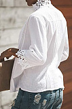 Dark Blue Fashion Lace Stand Collar Half Sleeve Ruffle Cardigan Shirts MDO9004-2