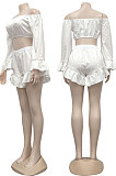 Pink Women Fashion Pure Color Off Shoulder Horn Sleeve Dew Waist Flounce Shorts Sets YZ7041-2