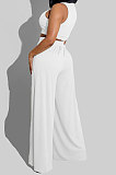 White Women Sleeveless Solid Color Round Neck Dew Waist Pants Sets KZ2123-1