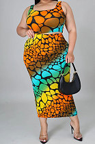 Orange Sexy Women Irregular Printing Tank Sleeveless Split Plus Skirt Sets KZ2116-1