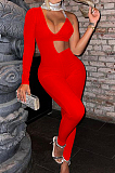 Red Euramerican Sequins One Sleeve V Neck Strapless Irregularity Hollow Out Solid Color Bodycon Jumpsuits SZS8153-2