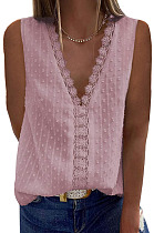 Pink New Jacpuard Deep V Collar Sleeveless Chiffon Pure Color Blouse MDO33-2