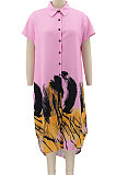 Pink Women Turn-Down Collar Short Sleeve Irregular Printing Casual T Shirt/Shirt Dress KZ2118-2