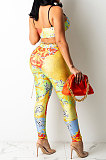 Scallops Sexy Women Fashion Printing Tight Condole Belt Backless Long Pants Sets YZ7034-1