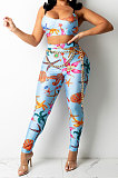 Blue Sexy Women Fashion Printing Tight Condole Belt Backless Long Pants Sets YZ7034-2