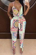 Pink Euramerican Women Fashion Printing Condole Belt V Neck Casual Jumpsuit WME2068-1