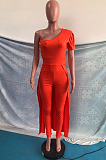 Rose Red Personality One Shoulder Short Sleeve Long Pants Cape Pure Color Bodycon Jumpsuits OMY80036-5