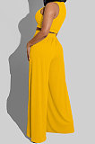 Black Women Sleeveless Solid Color Round Neck Dew Waist Pants Sets KZ2123-4
