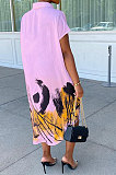 Pink Women Turn-Down Collar Short Sleeve Irregular Printing Casual T Shirt/Shirt Dress KZ2118-2