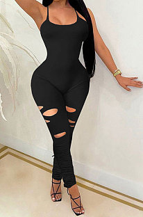 Black Women Trendy Casual Pure Color Condole Belt Hole Ruffle Sexy Backless Bodycon Jumpsuits WME2051-3