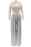 White Women Sleeveless Solid Color Round Neck Dew Waist Pants Sets KZ2123-1