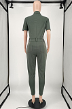 Green Casual Pure Color Short Sleeve Lapel Collar Single-Breasted With Pocket Collcet Waist Overall Jumpsuit YM211