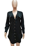 Black Women Long Sleeve V Neck Pure Color Shirts Single-Breasted Slim Fitting T Shirt/Shirt Dress WMZ0098-2
