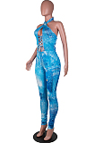 Lake Blue Sexy Positioning Printing Bandage Halter Neck Strapless Backelss Hollow Ourt Bodycon Jumpsuits SZS8149-1