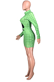Green Fashion Plaid Printing Long Sleeve Round Collar Slim Fitting Solid Color Hip Mini Dress YMT6223-1