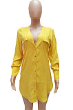 Yellow Women Long Sleeve V Neck Pure Color Shirts Single-Breasted Slim Fitting T Shirt/Shirt Dress WMZ0098-3