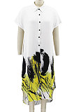 White Women Turn-Down Collar Short Sleeve Irregular Printing Casual T Shirt/Shirt Dress KZ2118-1
