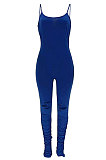 Royal Blue Women Trendy Casual Pure Color Condole Belt Hole Ruffle Sexy Backless Bodycon Jumpsuits WME2051-1