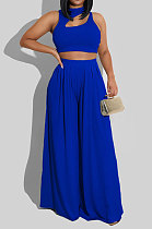 Blue Women Sleeveless Solid Color Round Neck Dew Waist Pants Sets KZ2123-5