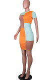Neon Green Fashion Spliced Short Sleeve Round Collar Slim Fitting Hip Midi Dress SZS8154-3