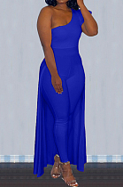 Blue Personality One Shoulder Short Sleeve Long Pants Cape Pure Color Bodycon Jumpsuits OMY80036-4