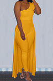 Orange Personality One Shoulder Short Sleeve Long Pants Cape Pure Color Bodycon Jumpsuits OMY80036-7