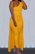Yellow Personality One Shoulder Short Sleeve Long Pants Cape Pure Color Bodycon Jumpsuits OMY80036-6