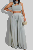 Gray Women Sleeveless Solid Color Round Neck Dew Waist Pants Sets KZ2123-3