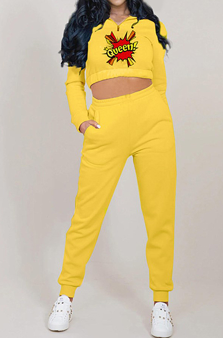 Yellow Autumn And Winter Velvet Long Sleeve Stand Collar Zipper Fleece Carrot Pants Casual Sport Sets YMT6224-2