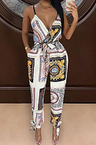 Black Euramerican Women Fashion Printing Condole Belt V Neck Casual Jumpsuit WME2068-2