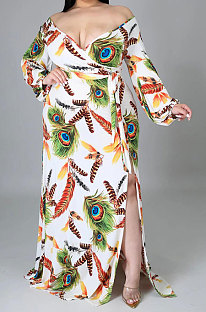 White Lady Feather Printing Multicolor Sexy Split Tied Long Sleeve V Neck Plus Long Dress KZ2117-1