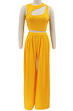 Yellow Women Sleeveless Solid Color Round Neck Dew Waist Pants Sets KZ2123-2