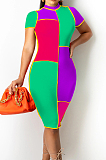 Orange Fashion Spliced Short Sleeve Round Collar Slim Fitting Hip Midi Dress SZS8154-1