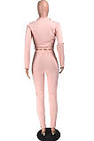 Pink Cotton Blend New Stringy Selvedge Long Sleeve Cardigan Bandage Bodycon Pants Pure Color Two-Piece YMT6229-2