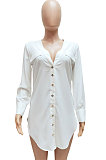 White Women Long Sleeve V Neck Pure Color Shirts Single-Breasted Slim Fitting T Shirt/Shirt Dress WMZ0098-1