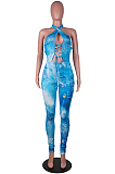 Royan Blue Sexy Positioning Printing Bandage Halter Neck Strapless Backelss Hollow Ourt Bodycon Jumpsuits SZS8149-3