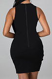 Black Mid Waist Hot Drilling Solid Color Sexy Mesh Sleeveless Zipper Hollow Out Crop Mini Dress YF9209