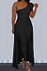 Black Personality One Shoulder Short Sleeve Long Pants Cape Pure Color Bodycon Jumpsuits OMY80036-2