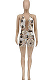 Beige Euramerican Women Trendy Printing Condole Belt Backless Hollow Out Romper Shorts WME20752