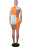 Royal Blue Fashion Spliced Short Sleeve Round Collar Slim Fitting Hip Midi Dress SZS8154-2